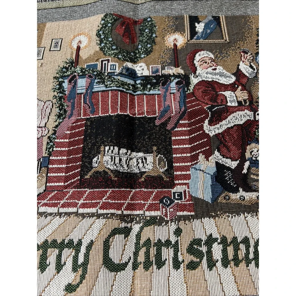 Christmas Fireplace Dog Santa‎ Woven Tapestry Panel Pillow Wall Hanging  18x14